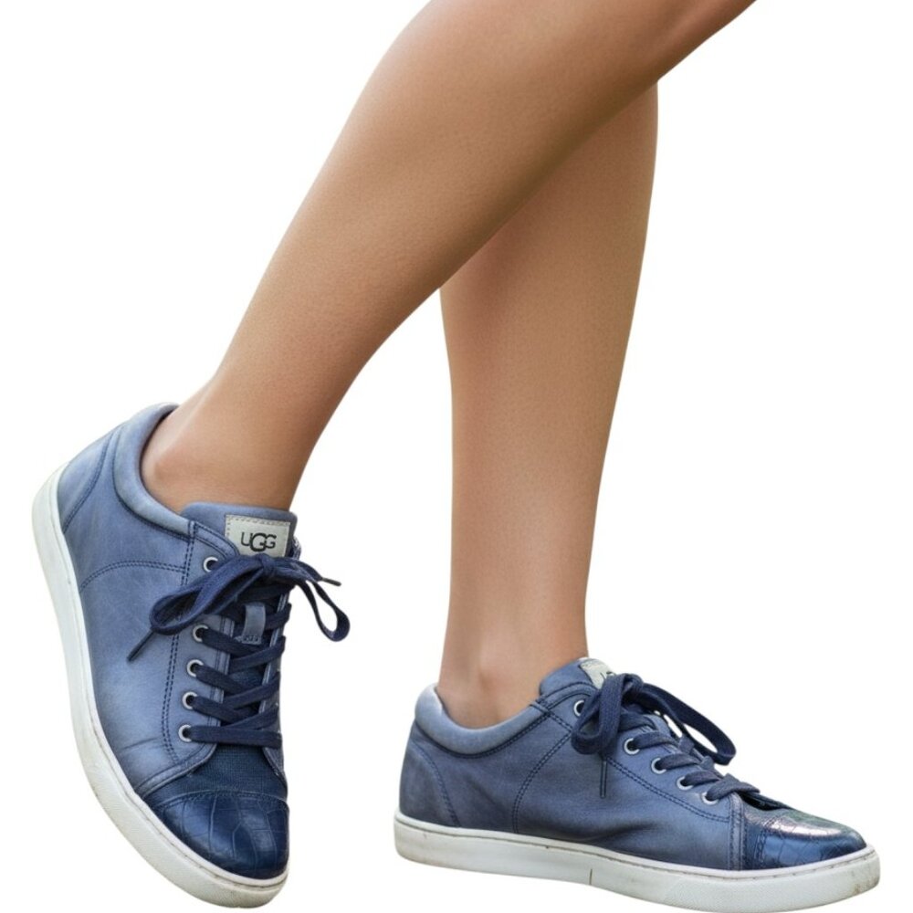 UGG Womens 8 Blue Leather Lace Up Sneakers Croc Embossed Toe F27116D